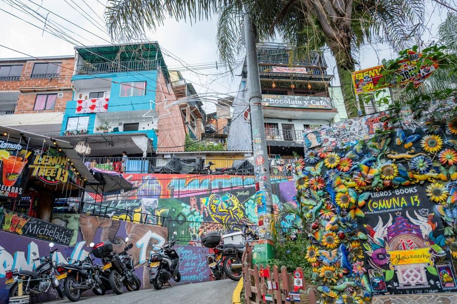 Colorful street art district filled with murals